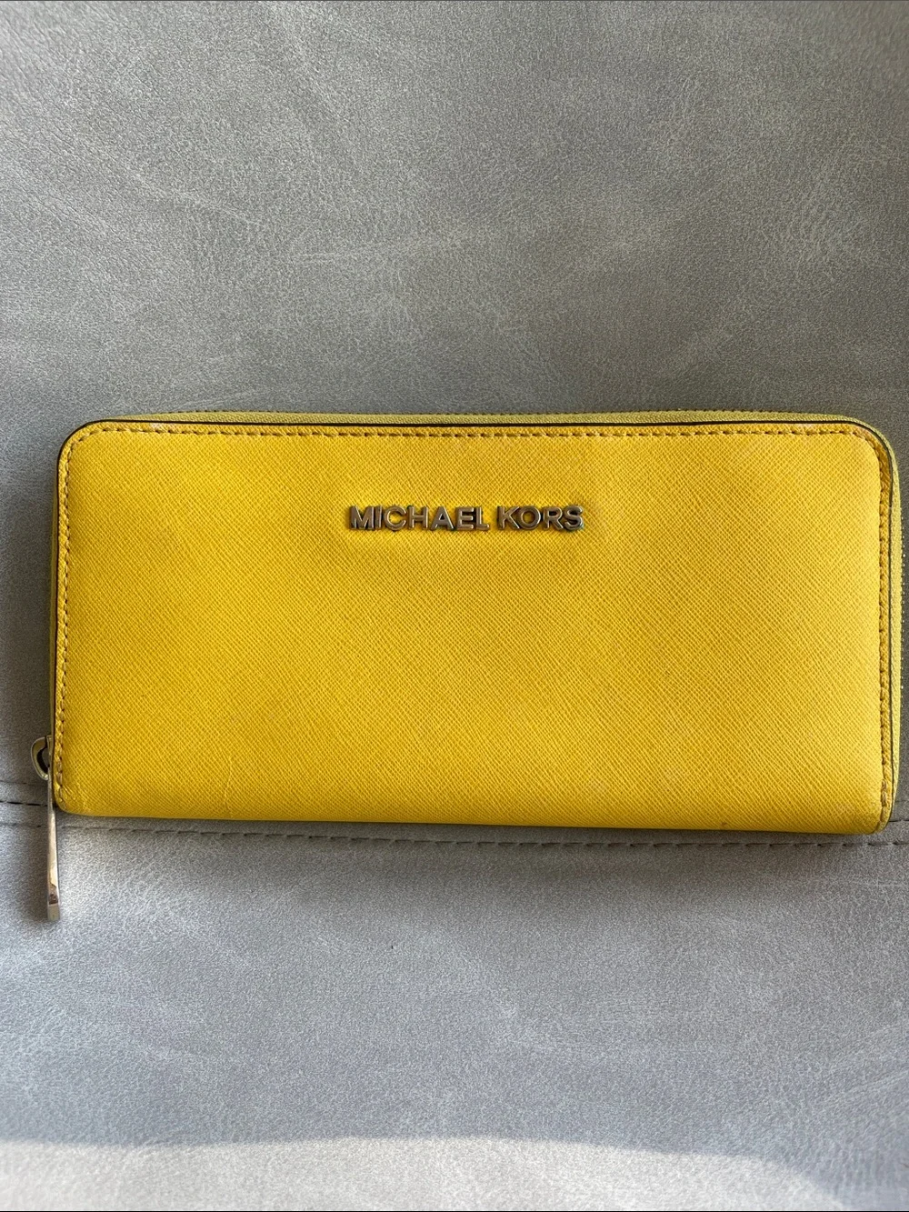 Michael Kors Bright Yellow Saffiano Zip Wallet with Gold Logo